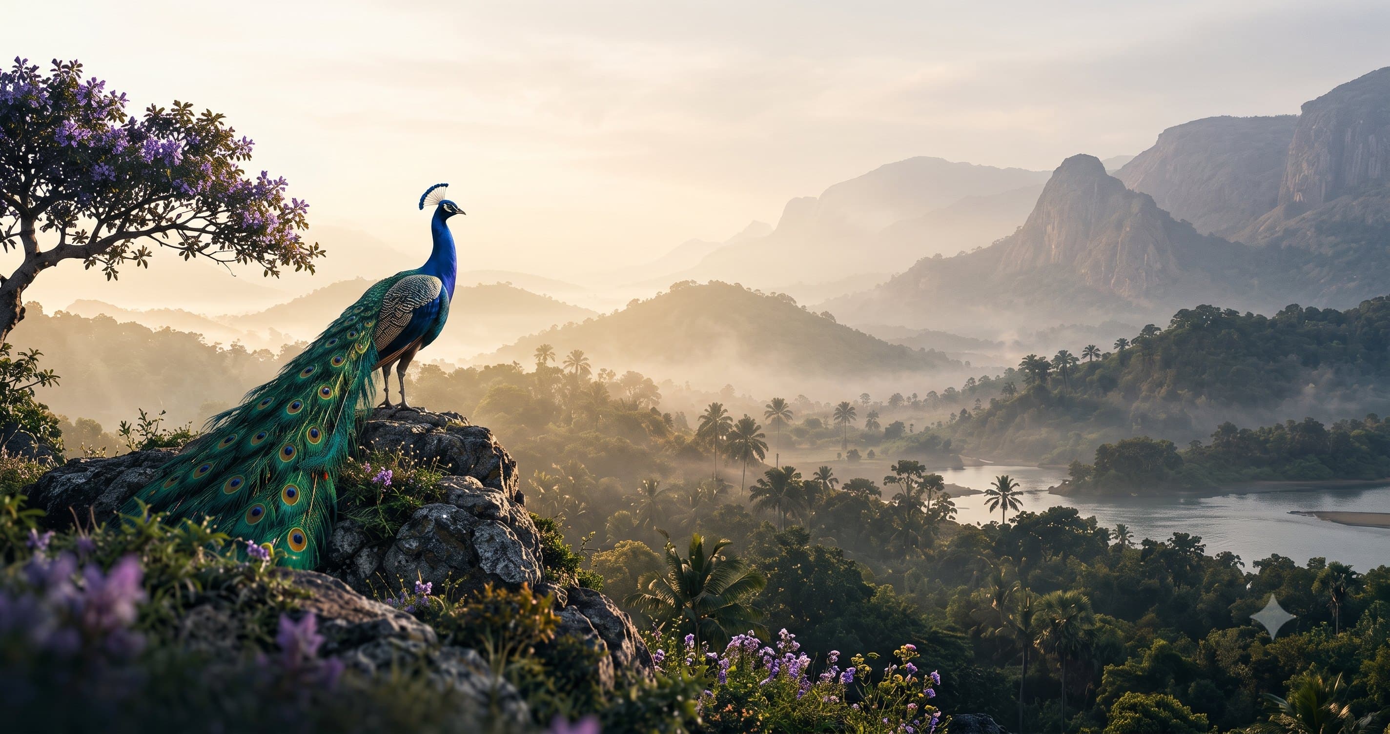 A peacock perched on a rock above the misty Kurinji hills